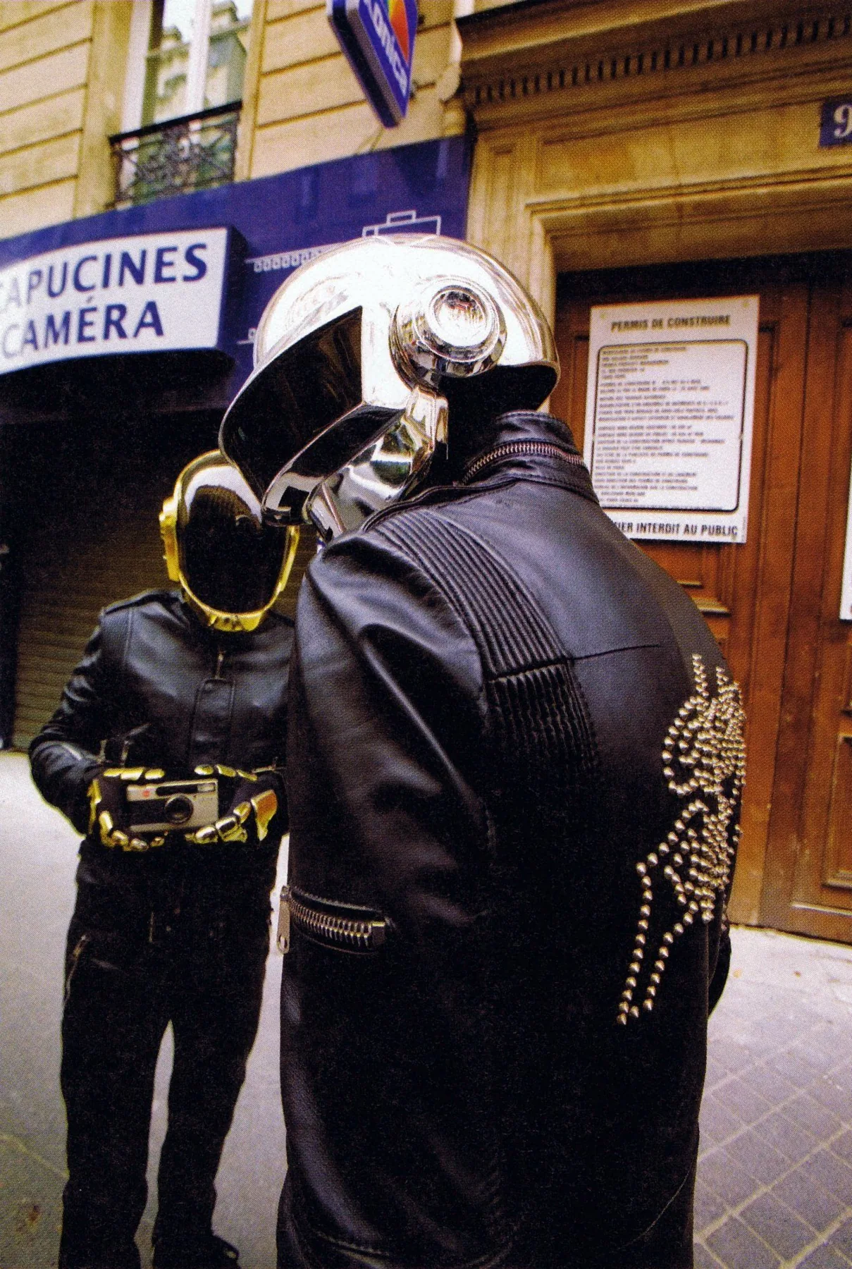 Daft Punk in Hedi Slimane’s Dior Homme leather, Paris, the logo studded across the back