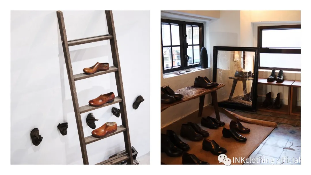 m_moriabc shoes displayed on a ladder, on the wall and on a long table