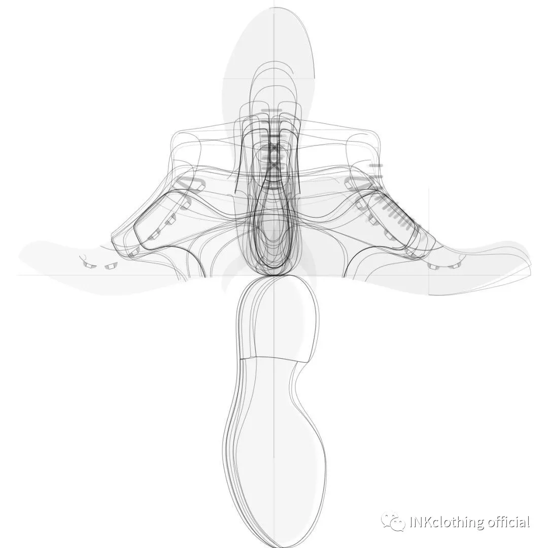 Line drawing of overlapping m_moriabc shoe shapes seen from the side and from below