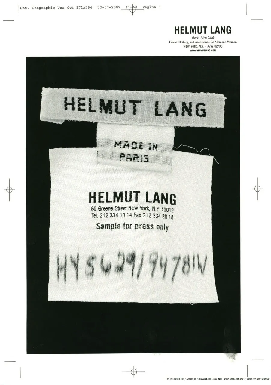 Helmut Lang - Test print of an advertisement for National Geographic magazine / Helmut Lang Collection Hommes Femmes Séance de Travail # Hiver 02/03 (2002)
