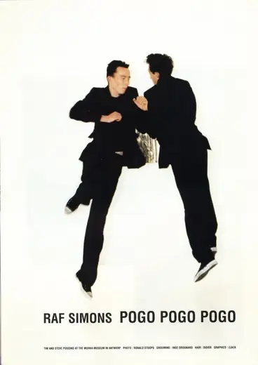 Raf Simons A/W 1997 “School Punk”: “Pogo Pogo Pogo” advertisement, two boys jumping in black suits